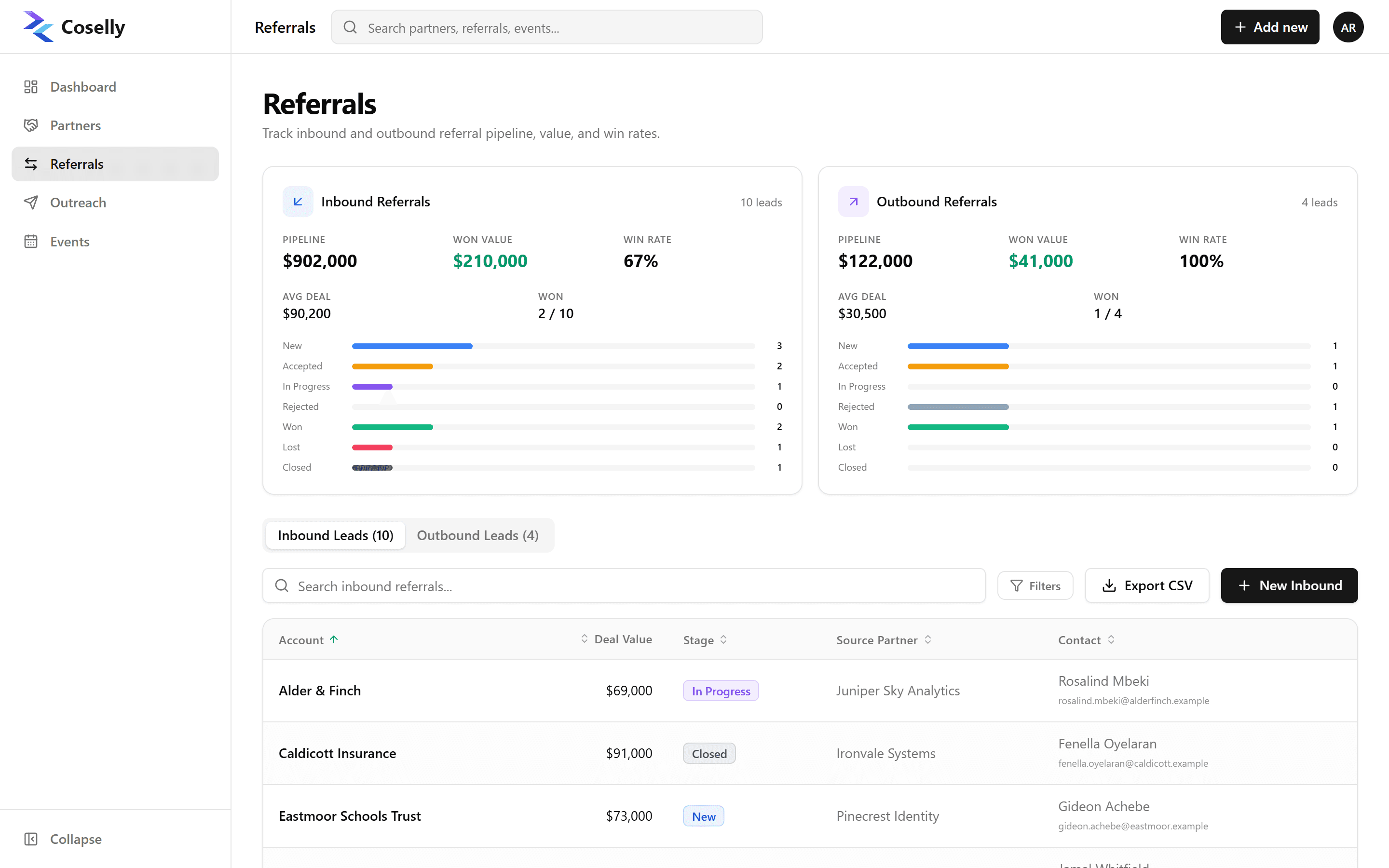 The Coselly referrals page with inbound and outbound scorecards and a table of referrals